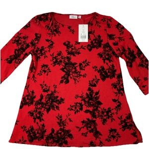 Kim Rogers  Dark Floral Top Wmn PM  Bell Sleeve Flowy Stretch Romantic Print H77